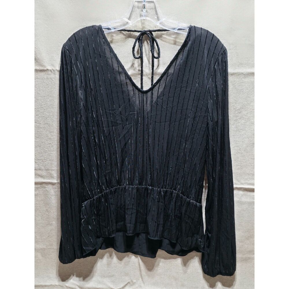BCX Black Plissé Pleated V-Neck Tie-Back Peplum Long-Sleeve Blouse Size M